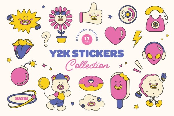 Y2K Metallic Sticker Illustrations Set