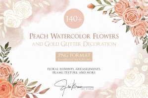 Peach Watercolor Floral With Gold Glitter