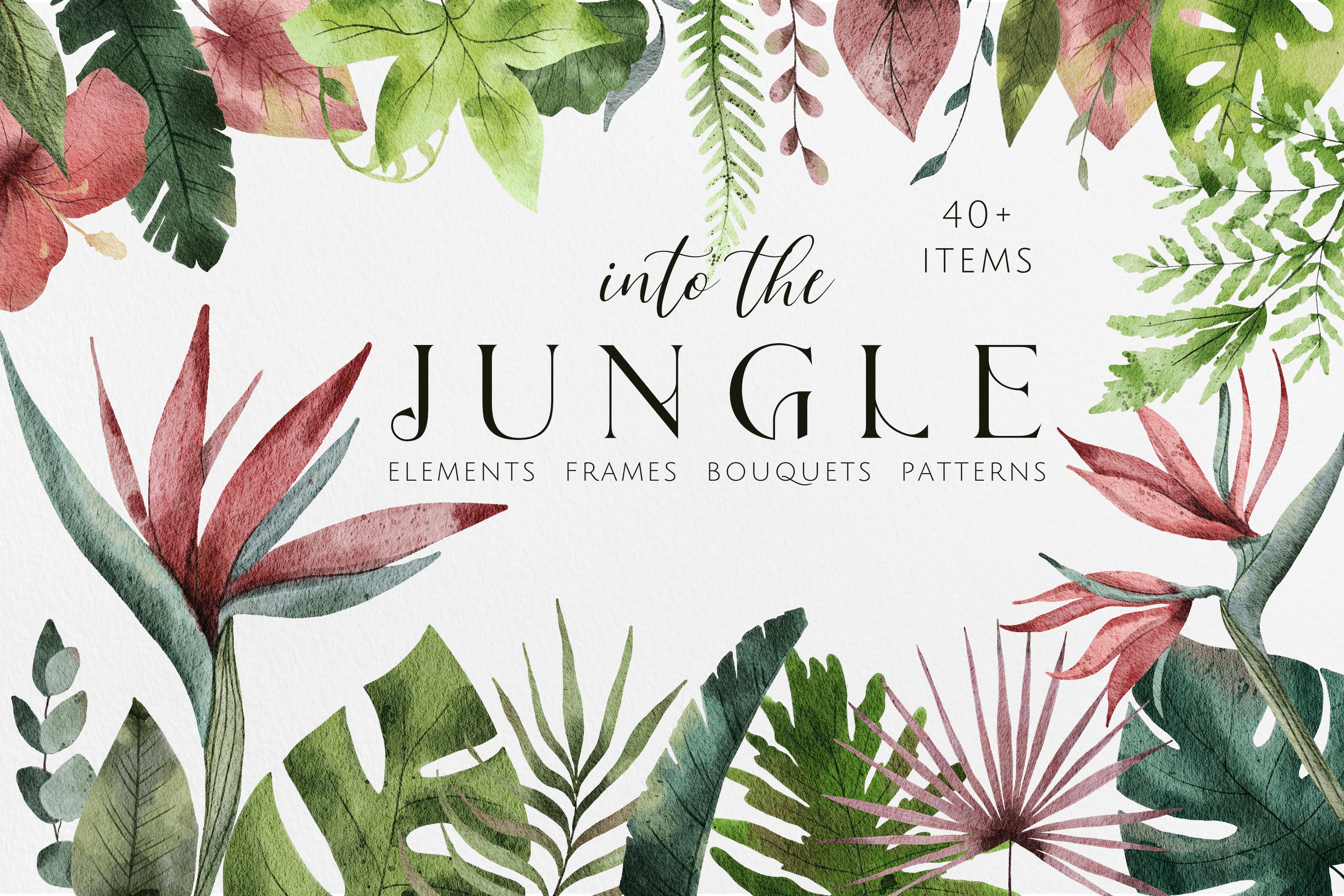 Tropical Leaves & Flowers Watercolor Clipart - Design Cuts