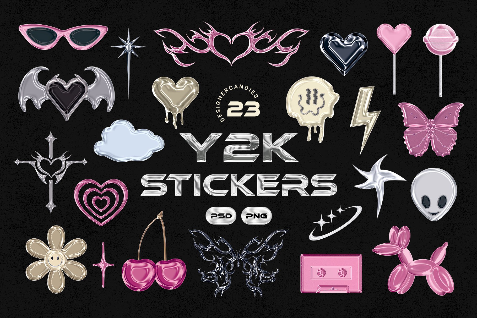 Y2K Metallic Sticker Illustrations Set