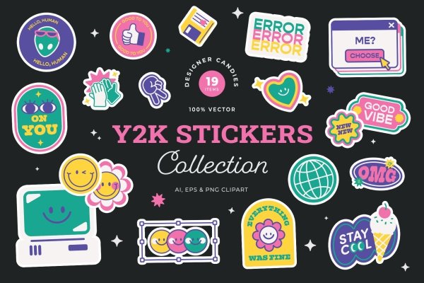 Y2K Holographic Stickers Illustrations Set - Design Cuts