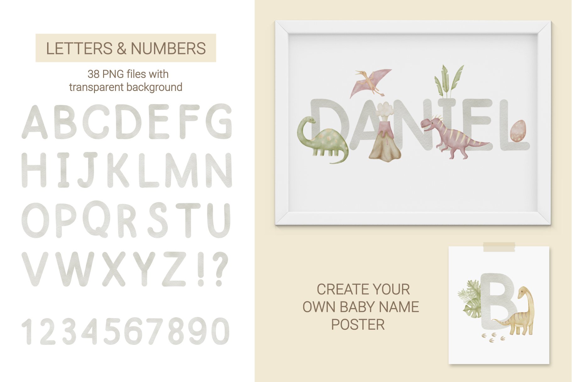 ABC Dinosaur Poster, Watercolor Dinosaur Pictures with Alphabet