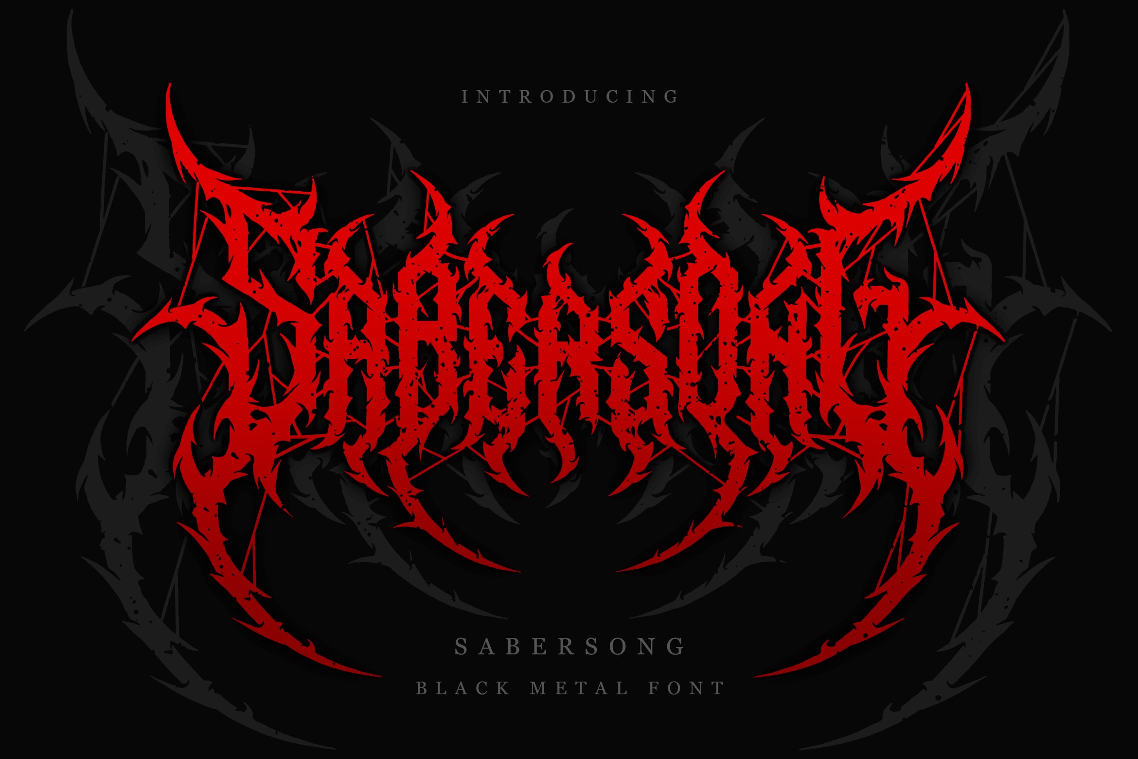 Black metal font "Sabersong" with sharp edges and thick strokes.