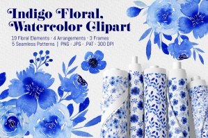 Blue Floral Clipart | Watercolor Indigo PNG