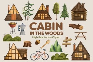 Cabin In The Woods Clipart Set