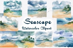 Seascape Watercolor Beach Clipart