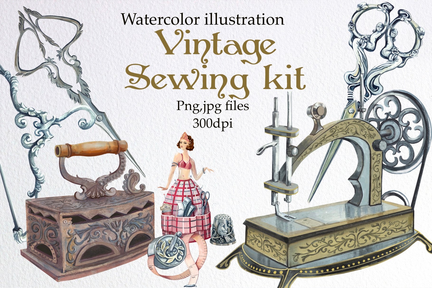 Vintage Sewing kit, Watercolor clipart