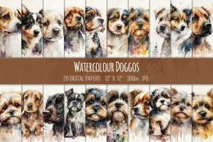 Watercolour Doggos - 20 Digital Papers