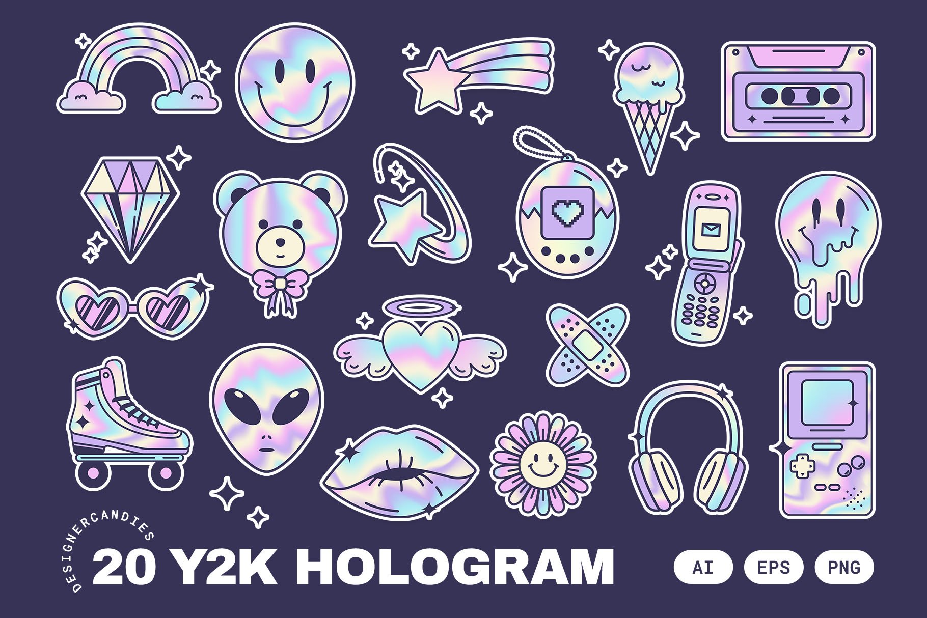 Y2K Holographic Stickers Illustrations Set - Design Cuts