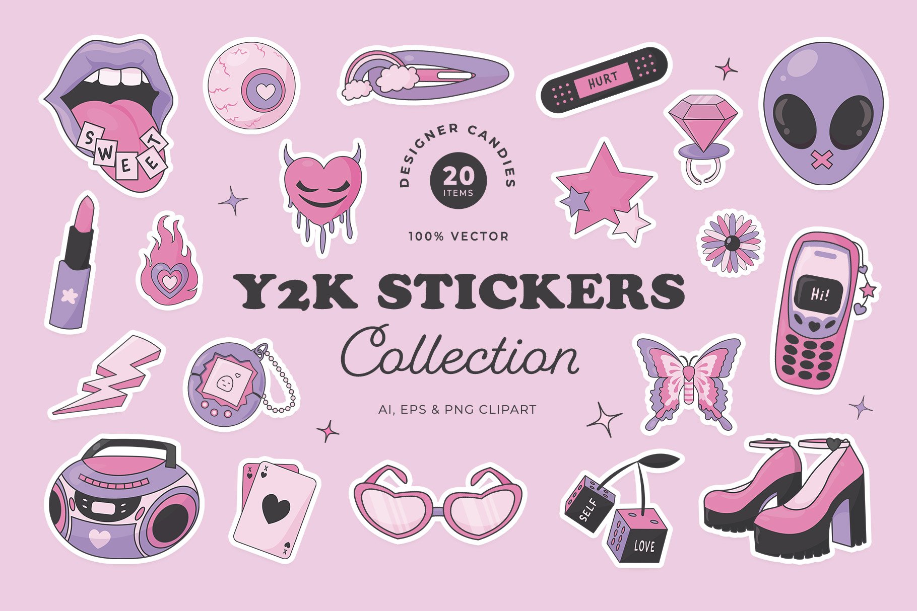 Y2K Retro Stickers Illustration Set - Design Cuts