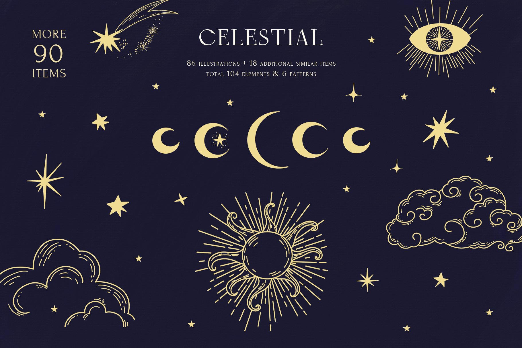 Celestial Line Art Magical Moon Sun Stars Design Cuts