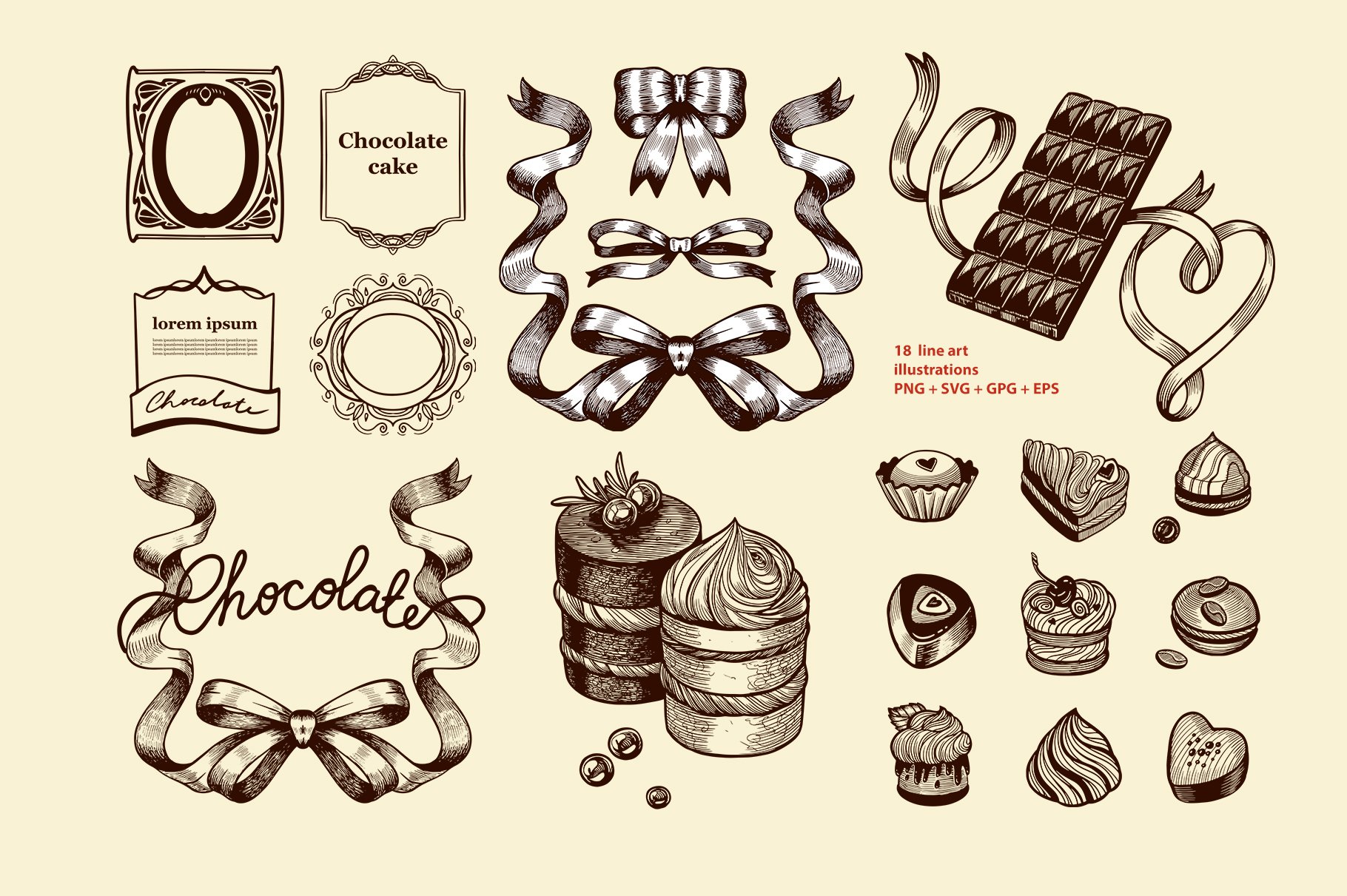 Chocolate Vintage Style Line Art Set Design Cuts
