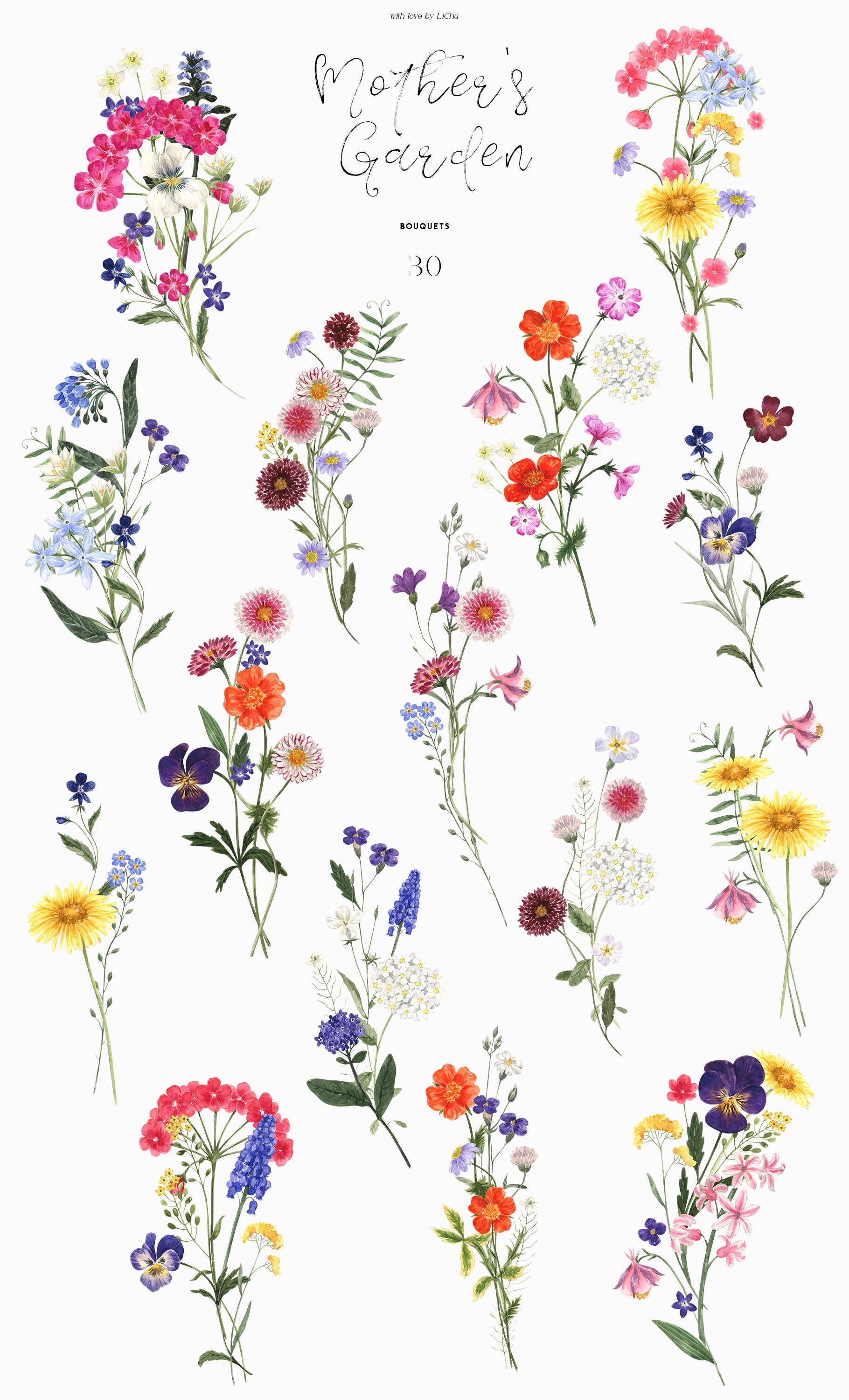 Mothers Garden Watercolor Wildflowers Clipart - Design Cuts