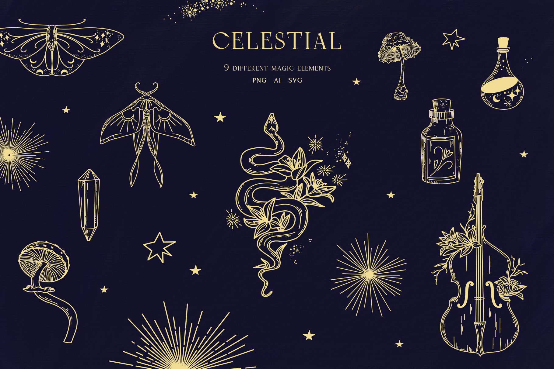 Celestial Line Art - Magical Moon Sun Stars