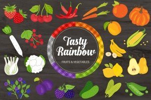 Tasty Rainbow Fruit and Veg Vectors + Bonus Seamless Patterns