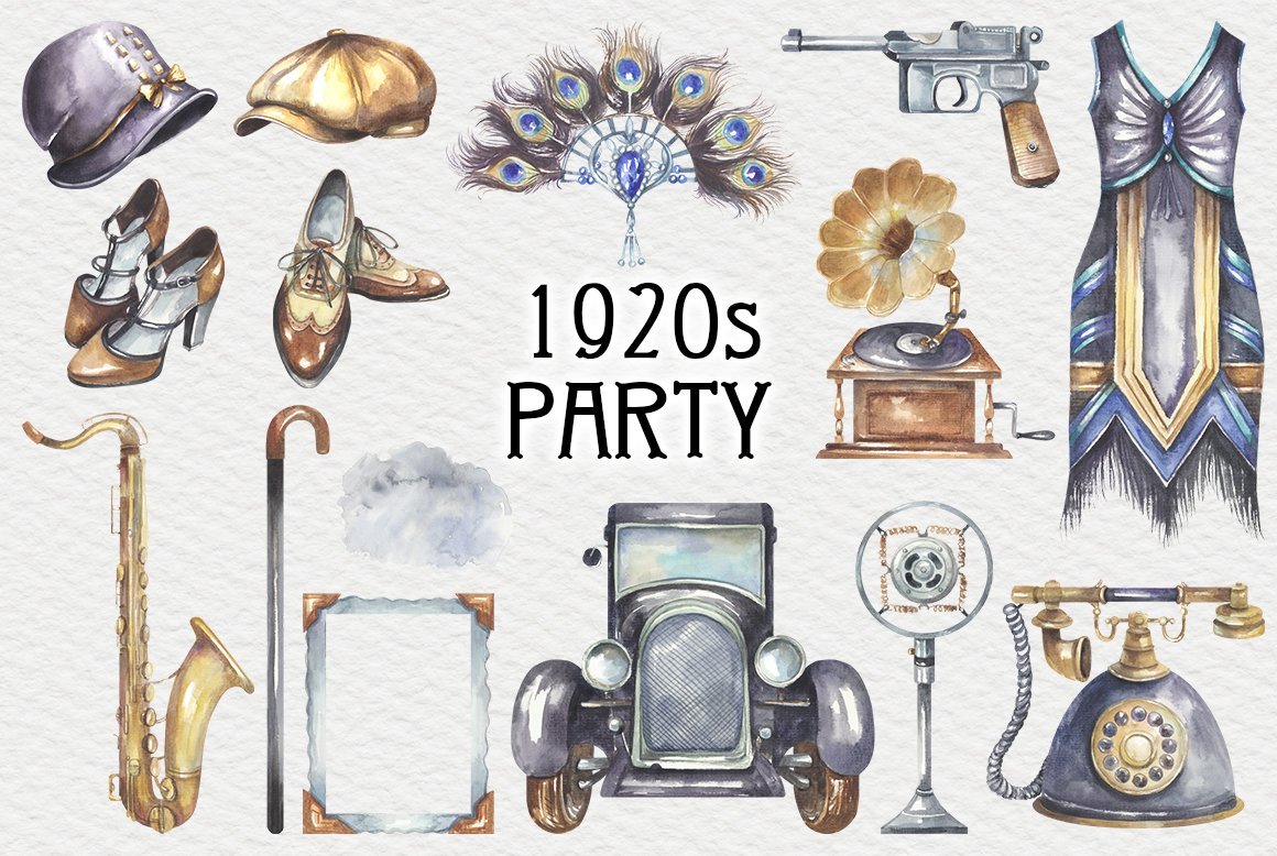 1920s Party Watercolor Clipart - Design Cuts