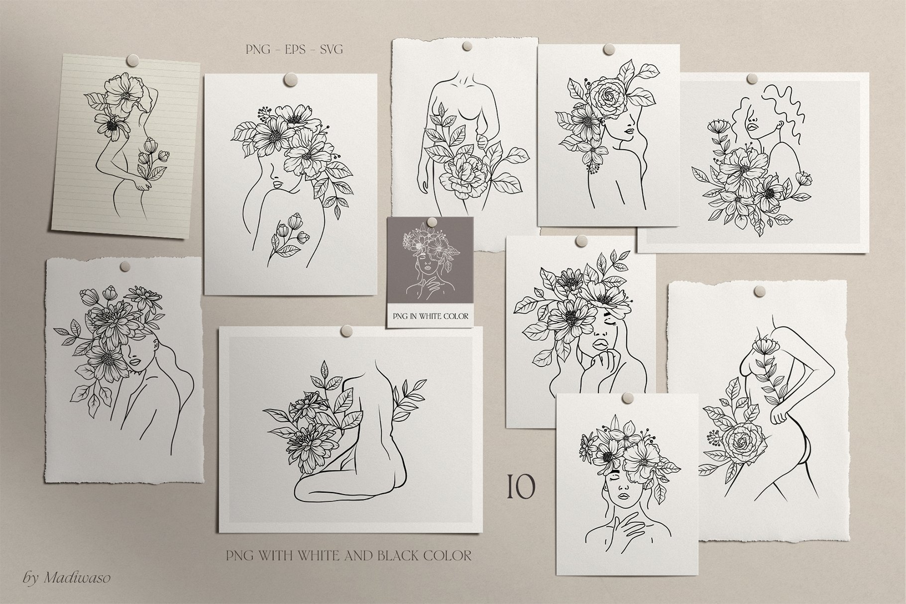 Woman Body & Flowers - Line Art Set - Design Cuts