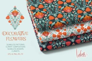 Decorative Flowers Set Patterns And Cliparts