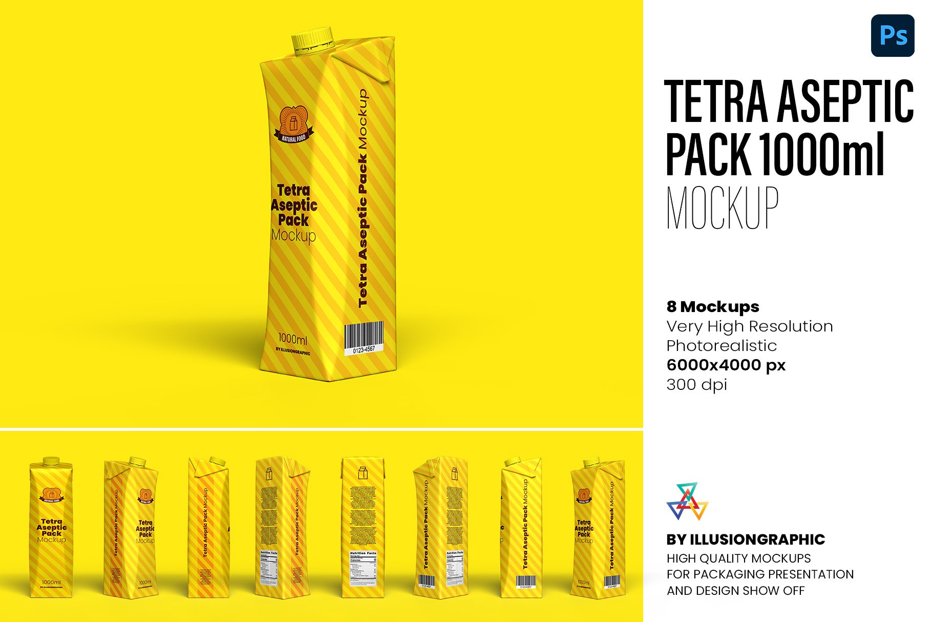 Tetra Aseptic Pack 1000ml Mockup - 8 Views - Design Cuts