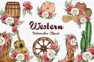 Western Rose Floral Cowboy Boots Clipart