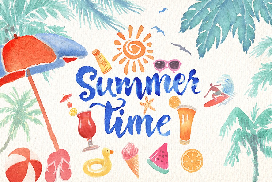 Summer Time Watercolor Clipart - Design Cuts