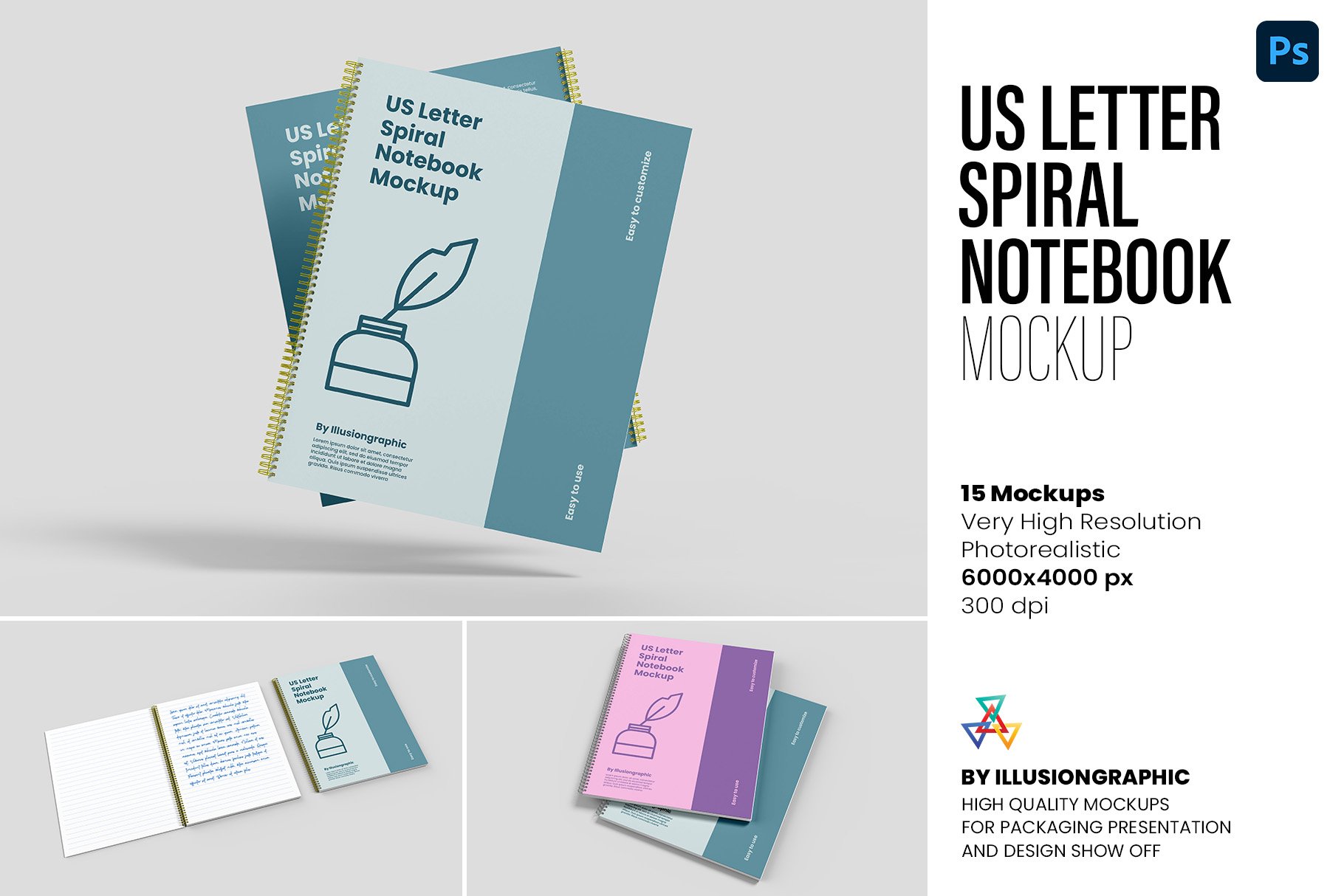 Spiral Notebook Mockup - A4 - 8 Views - Design Cuts
