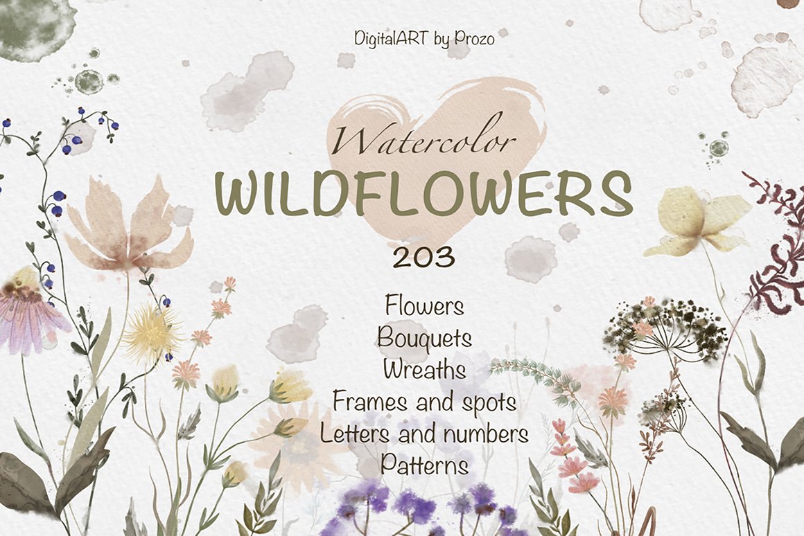 Fairytale Wildflower Floral Watercolor Clip Art Graphics Collection