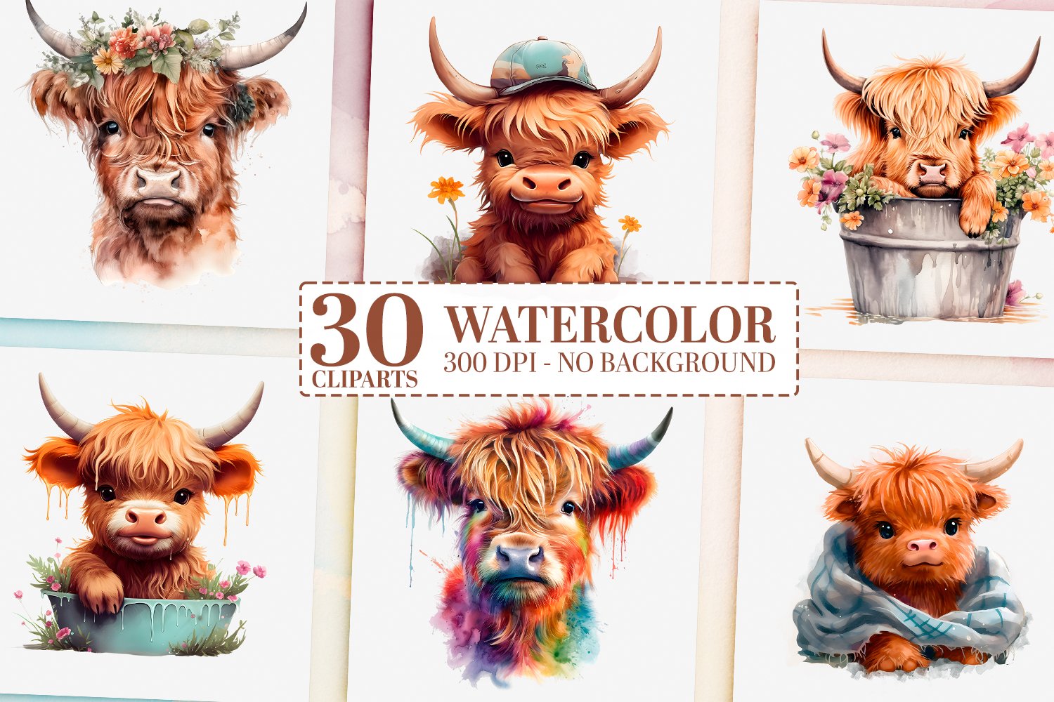 30 Watercolor Highland Cow Clipart - Design Cuts