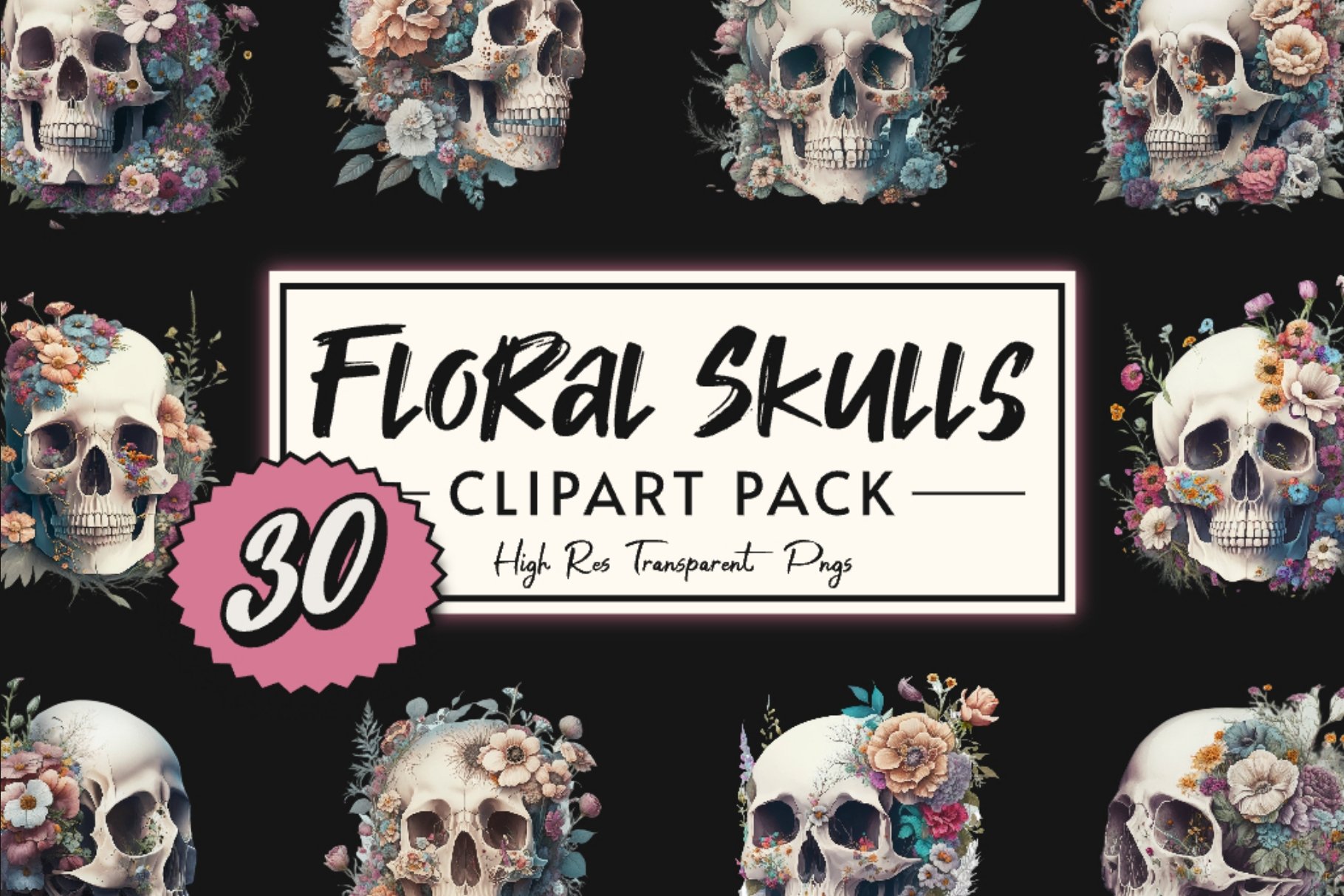 Floral Skull Clip Art Pack - 30 Skulls