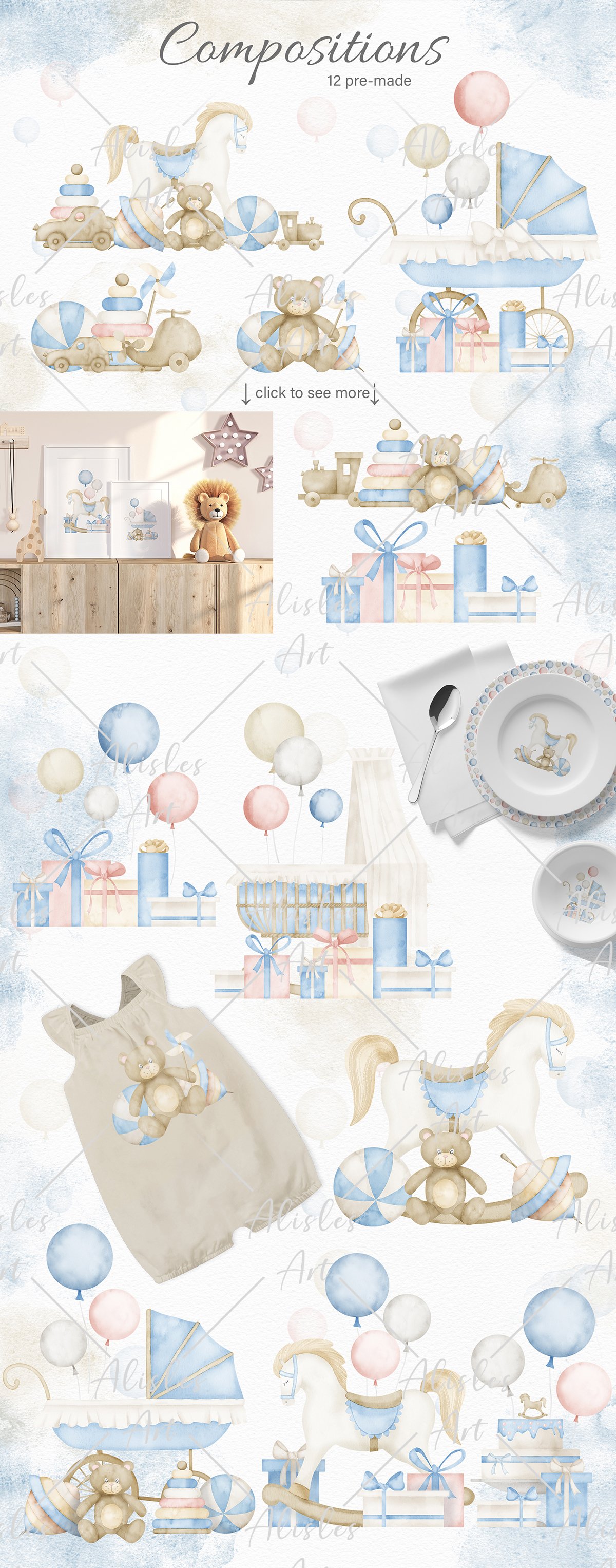 Watercolor Baby Shower Set | Retro Toys Clip Art - Design Cuts