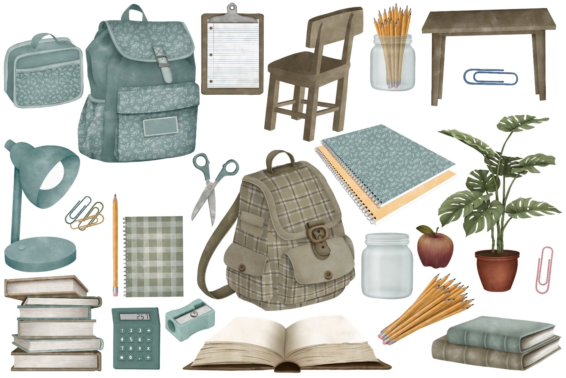 Watercolor Retro School Bag Clipart Bundle,backpack clipart