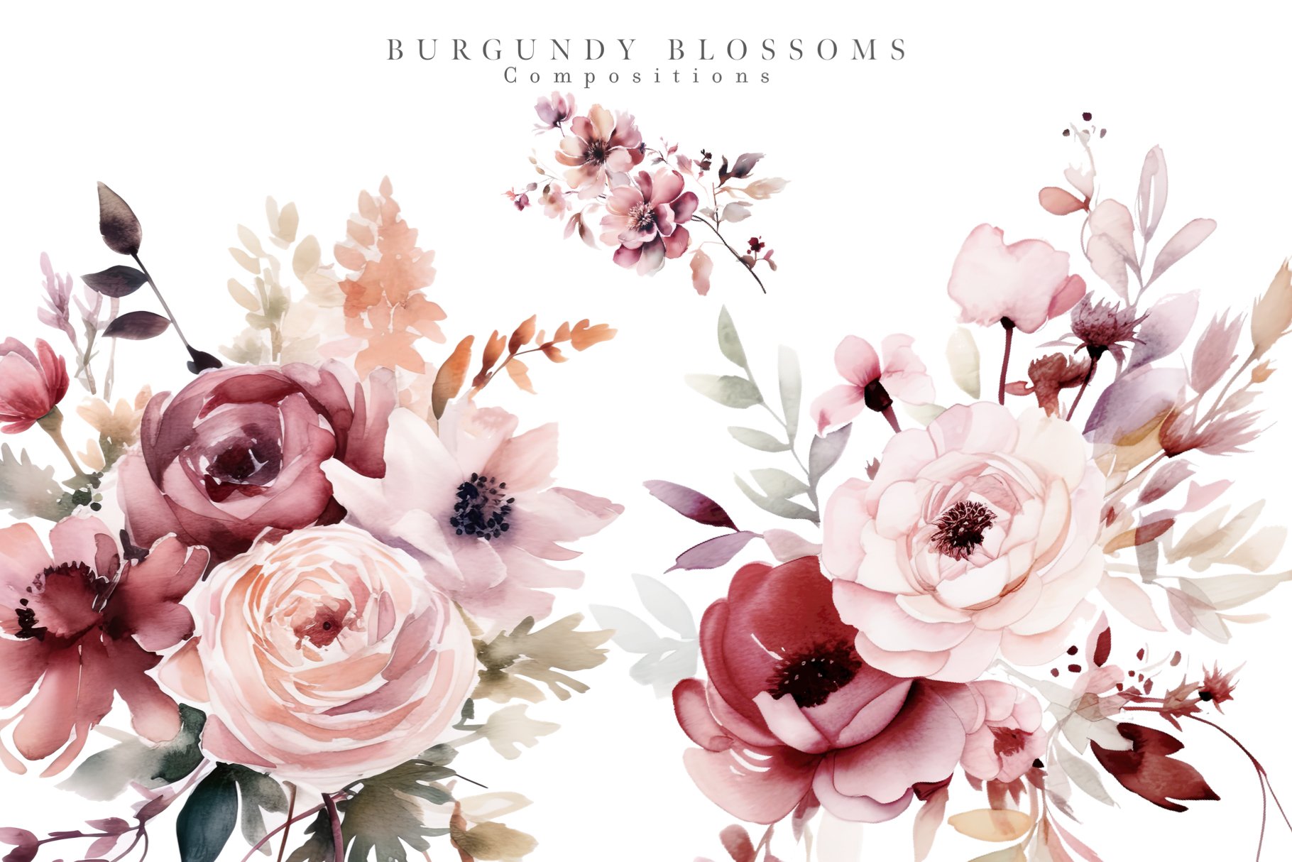 Burgundy Plum Blush Watercolor Floral Arrangements Stock Illustration  1519668221
