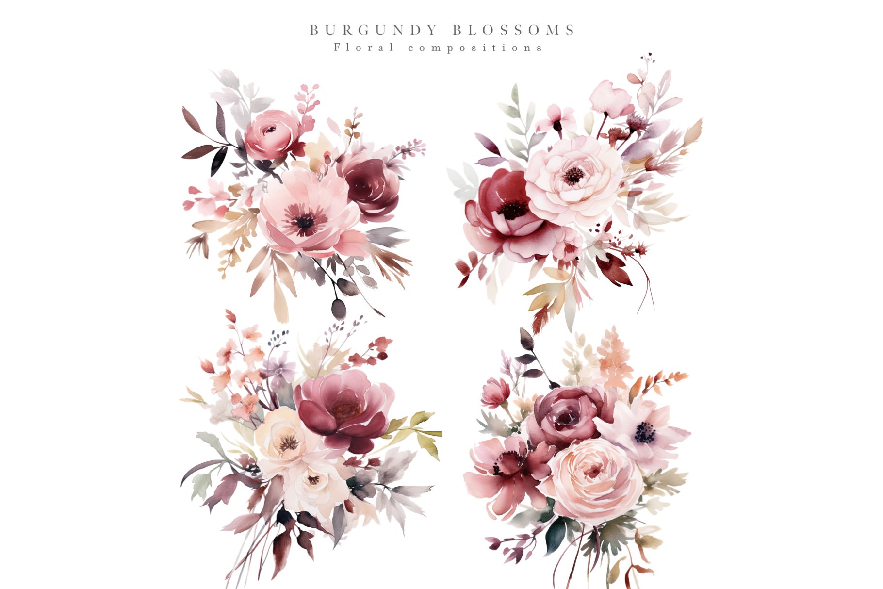 Watercolor Burgundy Blush Flowers Clipart - Design Cuts