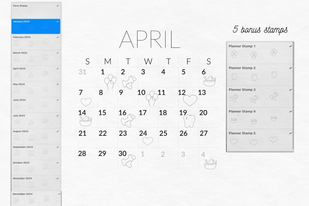 Procreate Calendar Stamps 2024 Graphic by Rozes Cc · Creative