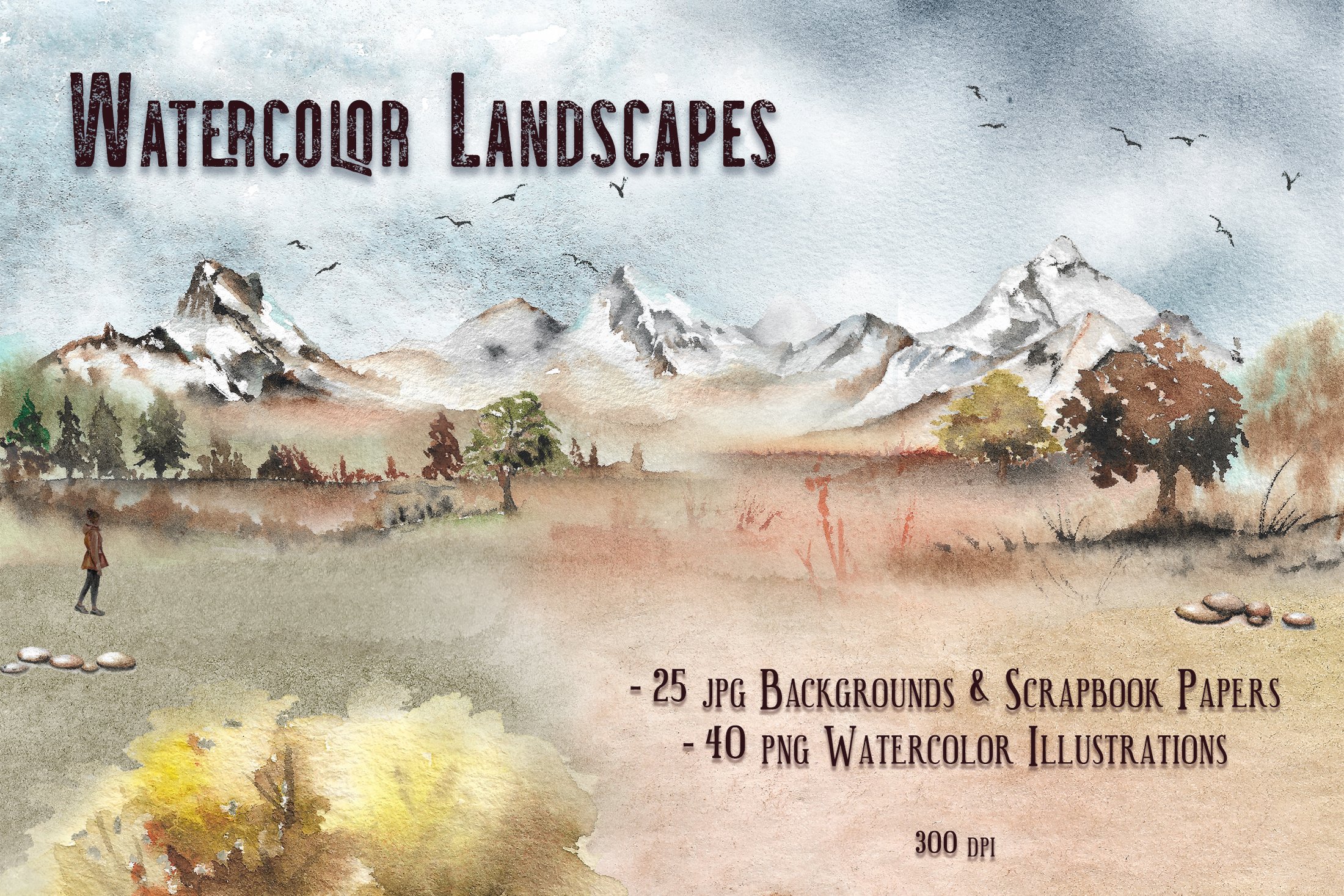 Watercolor Landscape Illustrations And Papers - Design Cuts