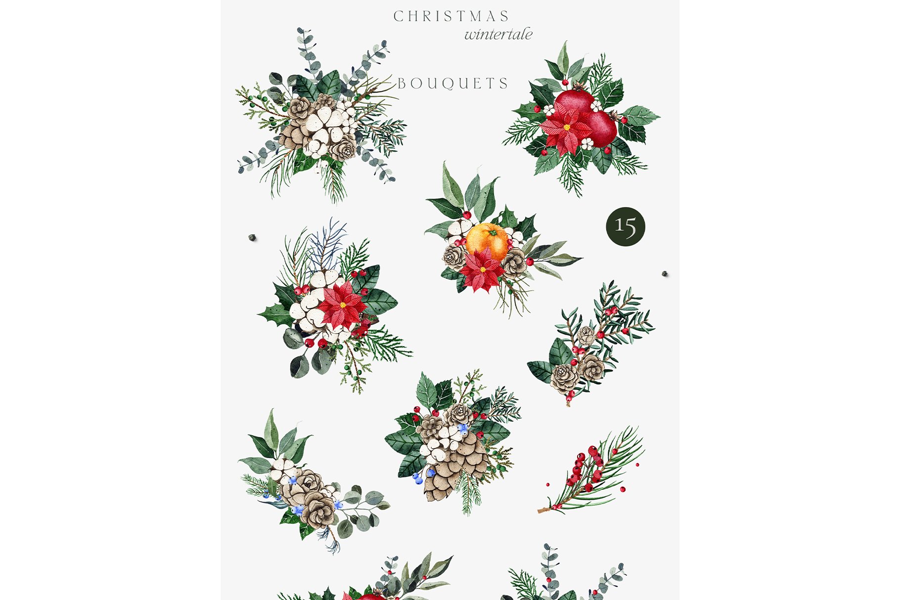 Watercolor Christmas Floral Illustrations Set - Design Cuts