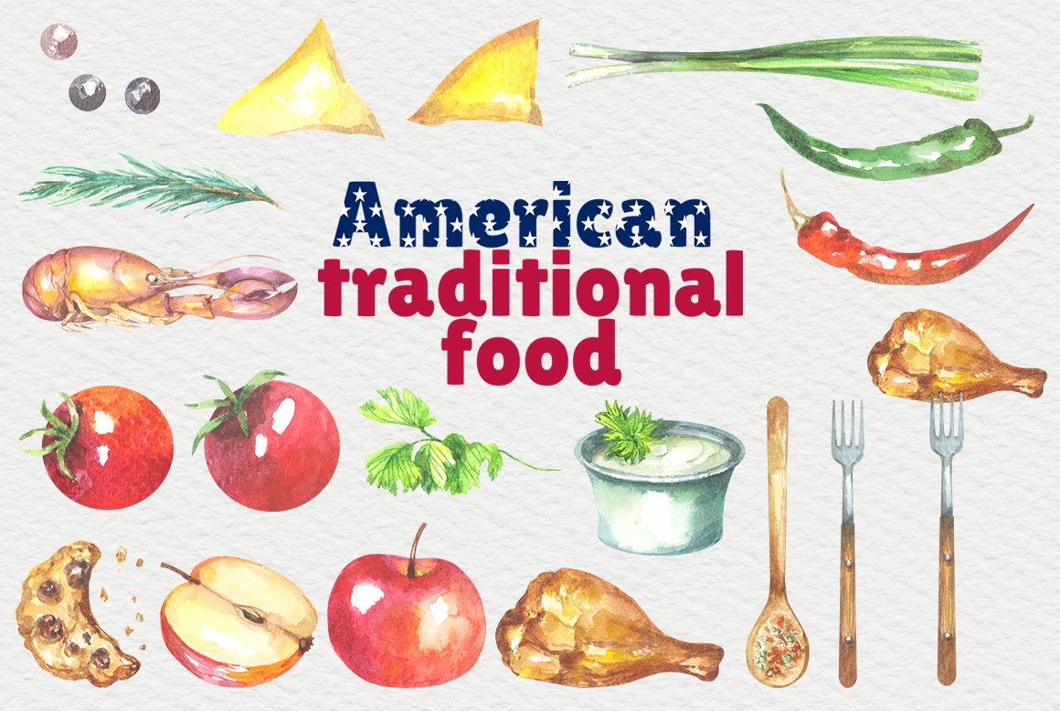 American Traditional Food Watercolor Clipart, Food Png, USA Food Clipart,  Food Illustration, Food Painting, Menu, Apple Pie, American Foods 