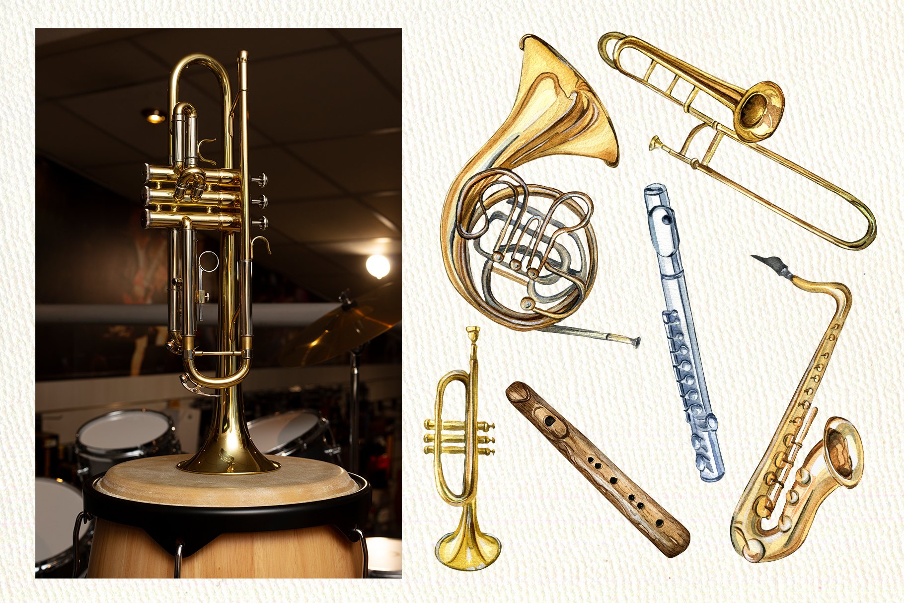 Musical Band Instruments Graphics Sheet, Antique Catalog Art Paper, Brass  Horns, Music Journals, Decor & Collage, Trombones, Digital Set 855