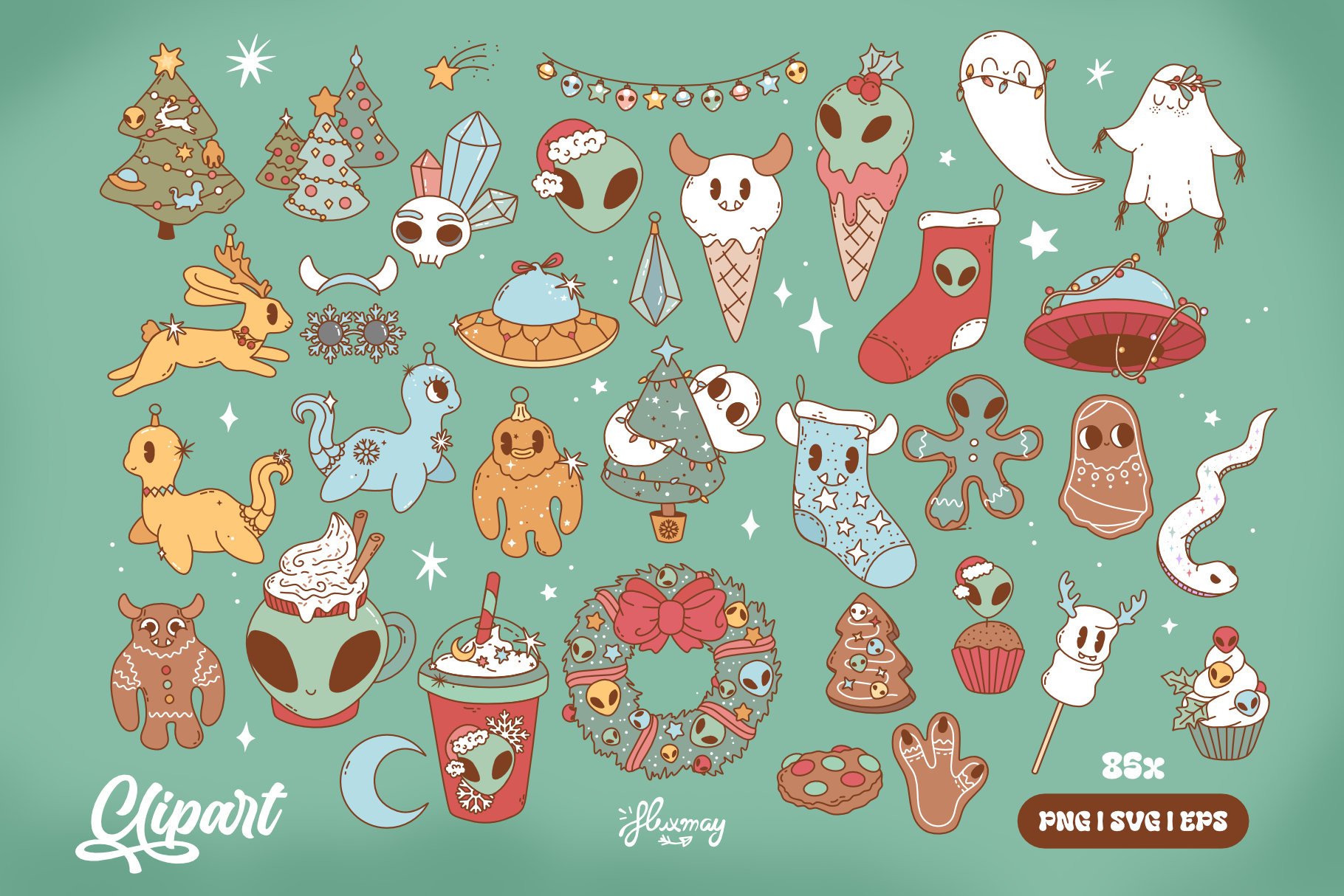 Cryptids Christmas Clipart Set - Cute Creatures - Design Cuts