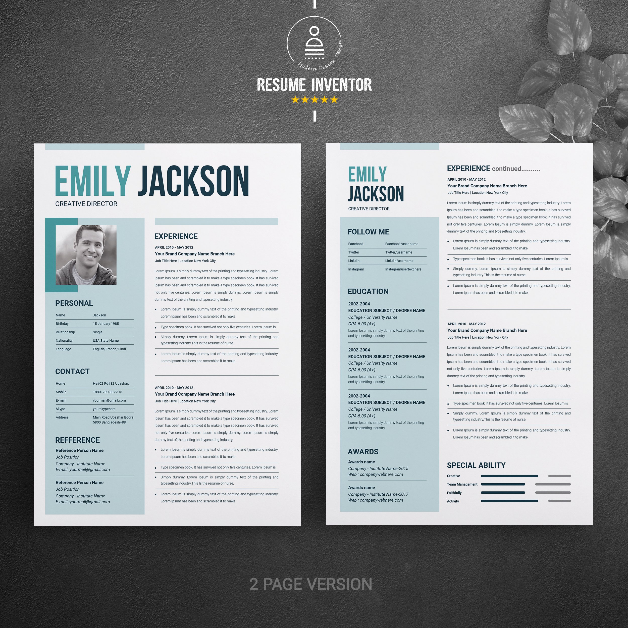 Modern Resume Template & Cover Letter 2 - Design Cuts