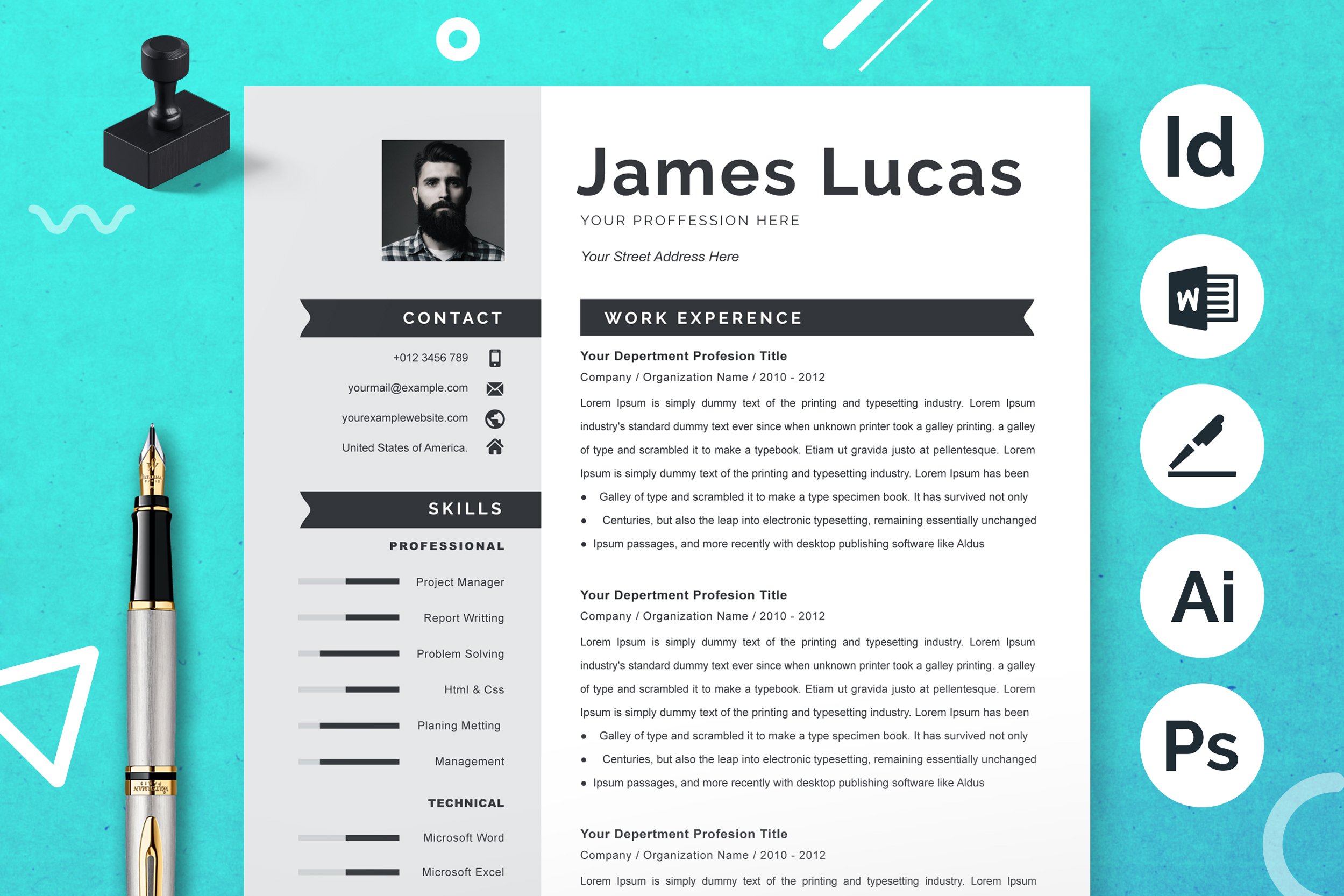 CV Resume Template With Photo, Paper Stationery, CV Template