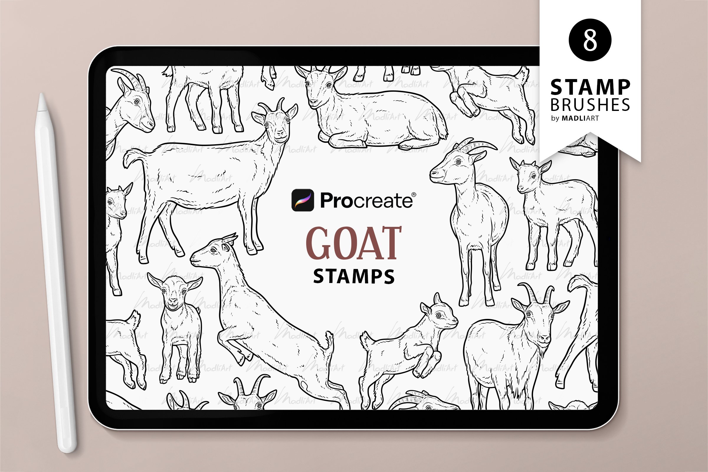 Goat Procreate Stamps | Farm Animal Line Art - Design Cuts