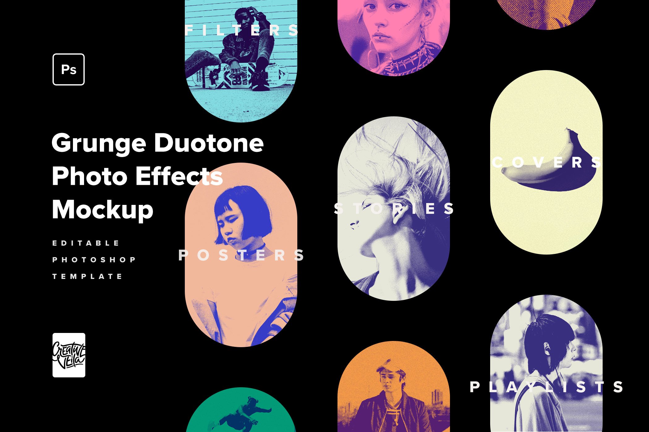 15款复古老式半调双色调朋克风人像图片修图特效PS滤镜模板样机素材 Grunge Duotone Photo Effects Pack插图