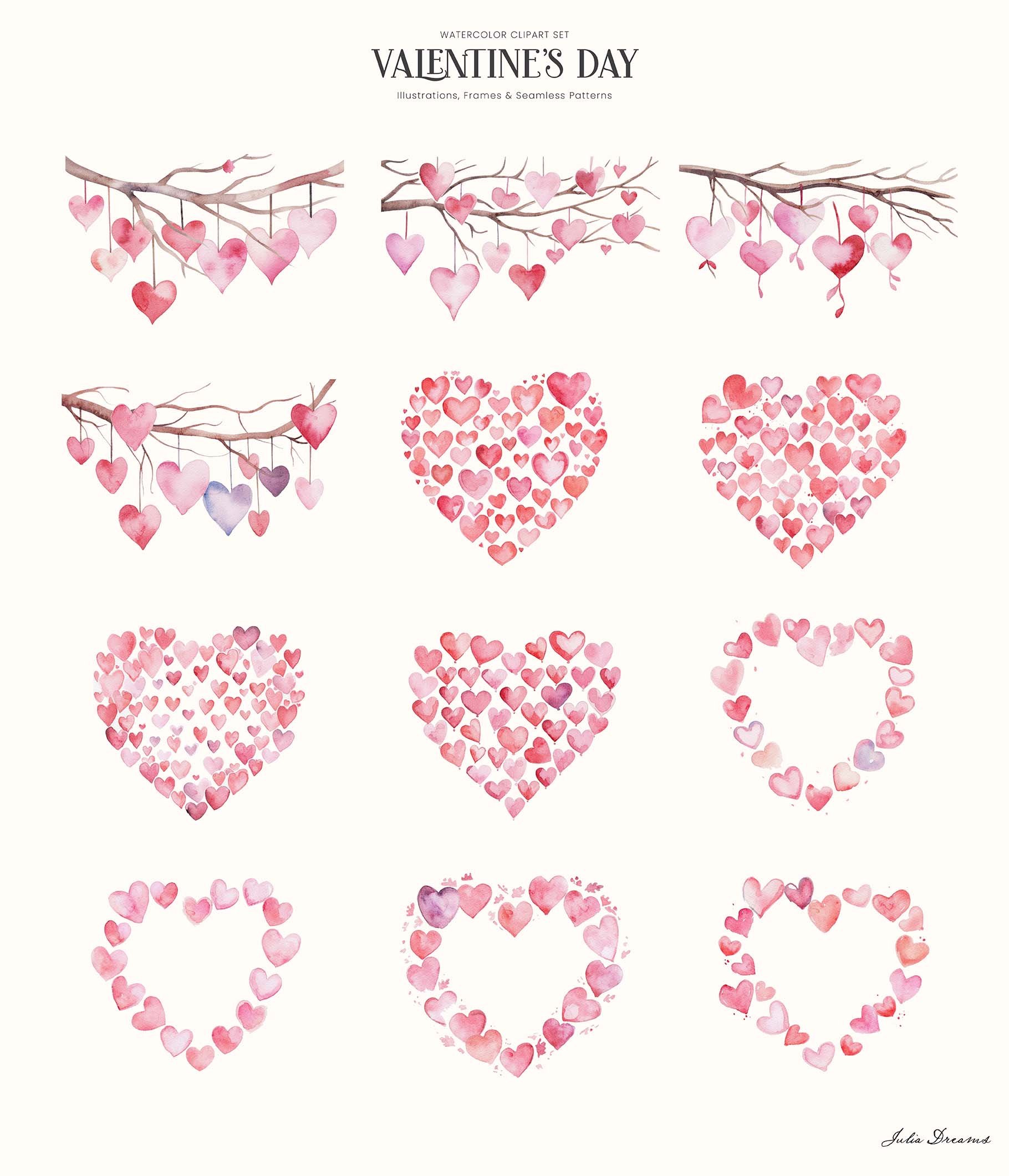 Watercolor Set With Hearts and Seamless Backgrounds, Valentine's Day,  Romantic Watercolor, Scrapbooking, Valentines, Invitations 