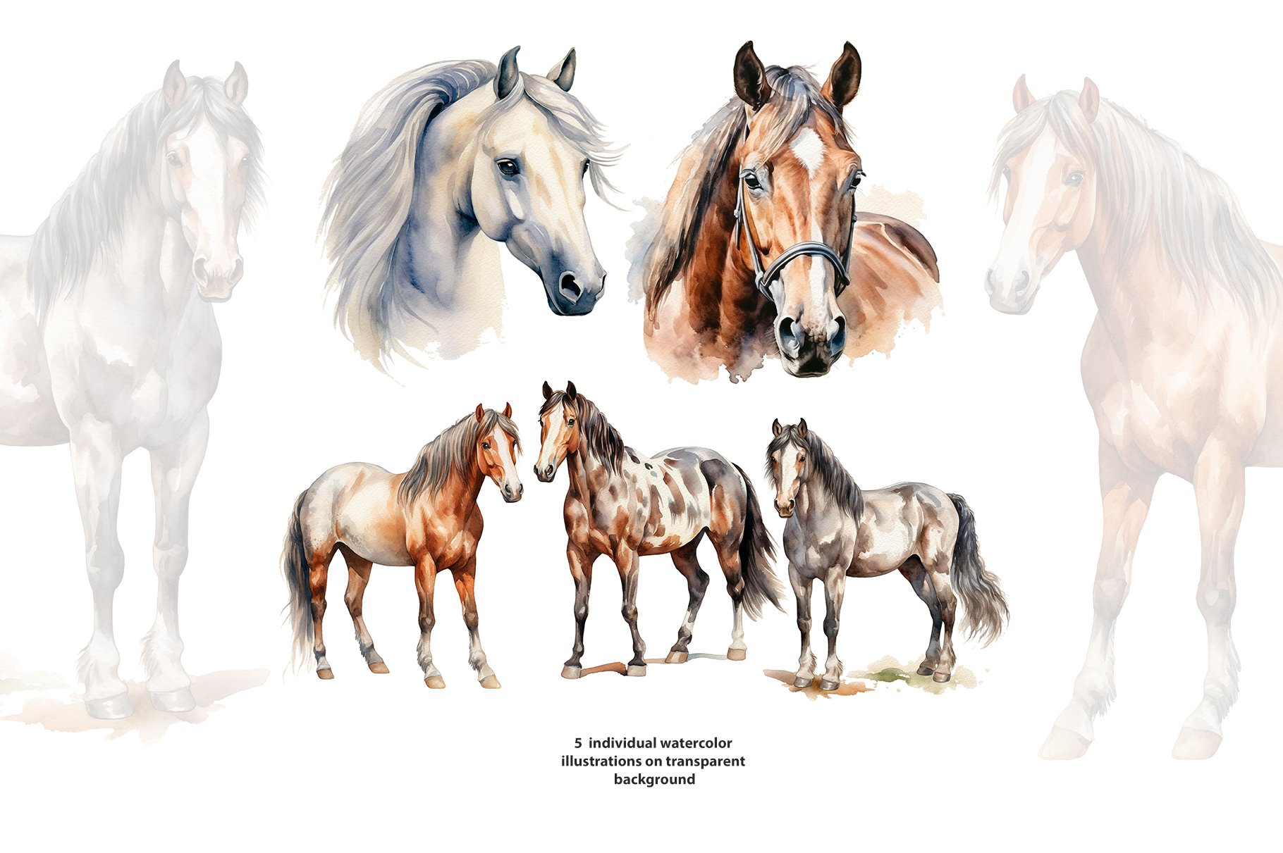 Horses Watercolor Clipart Set Design Cuts   Horses Watercolor Clipart Set 1 