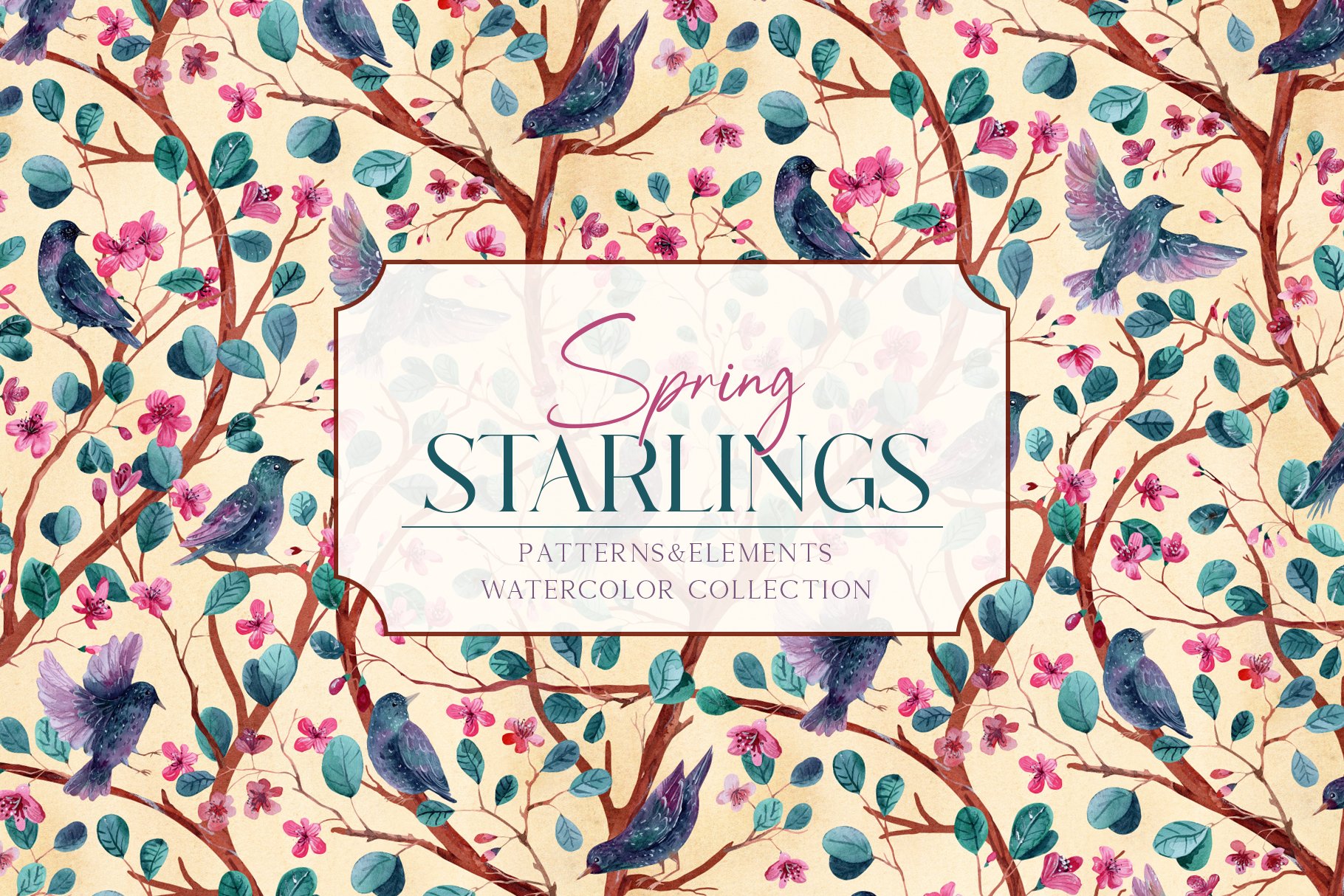 Spring Starlings - Watercolor Set And Patterns - Design Cuts