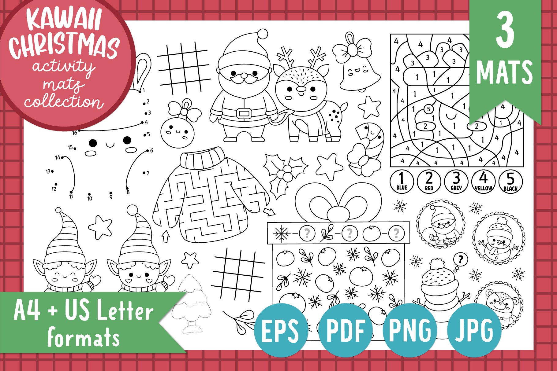 Kawaii Christmas Coloring Activity Mats Collection - Design Cuts