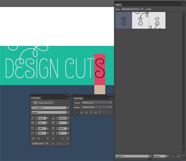 Monster creative font bundle demo tutorial - Glyphs panels